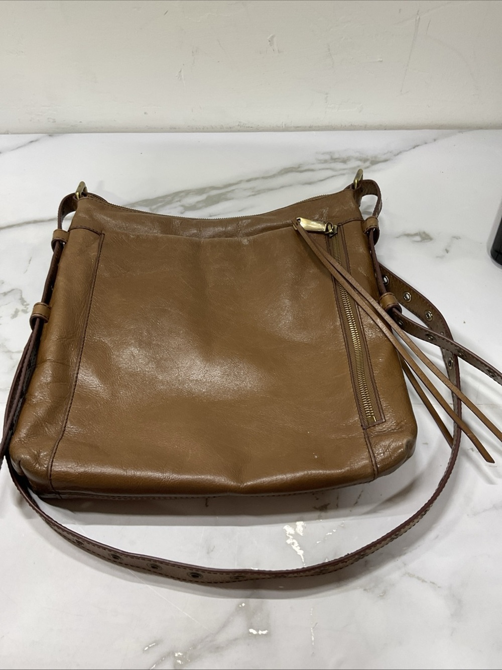 Leather Crossbody Hobo Bag in Cognac Brown